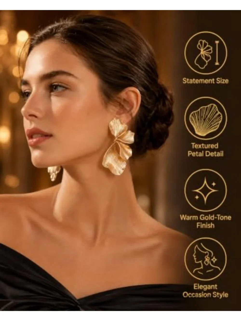 18K Gold Plated Large Floral Drop Earrings Textured Statement Jewelry